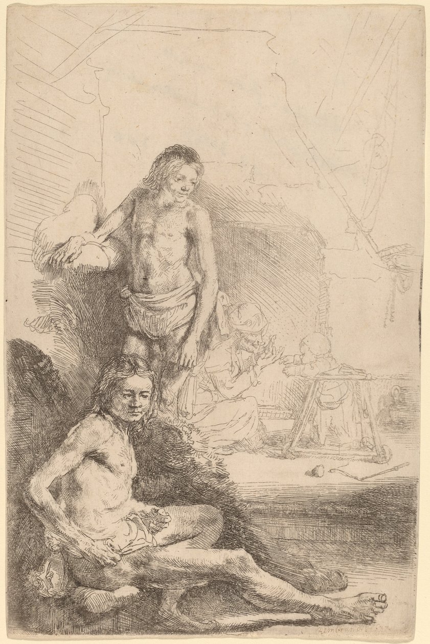 Alaston mies istuu ja alaston mies seisomassa, taustalla nainen ja vauva tekijältä Rembrandt van Rijn