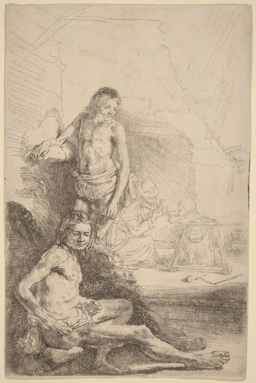 Istuva alaston mies ja seisova alaston mies, taustalla nainen ja vauva tekijältä Rembrandt van Rijn