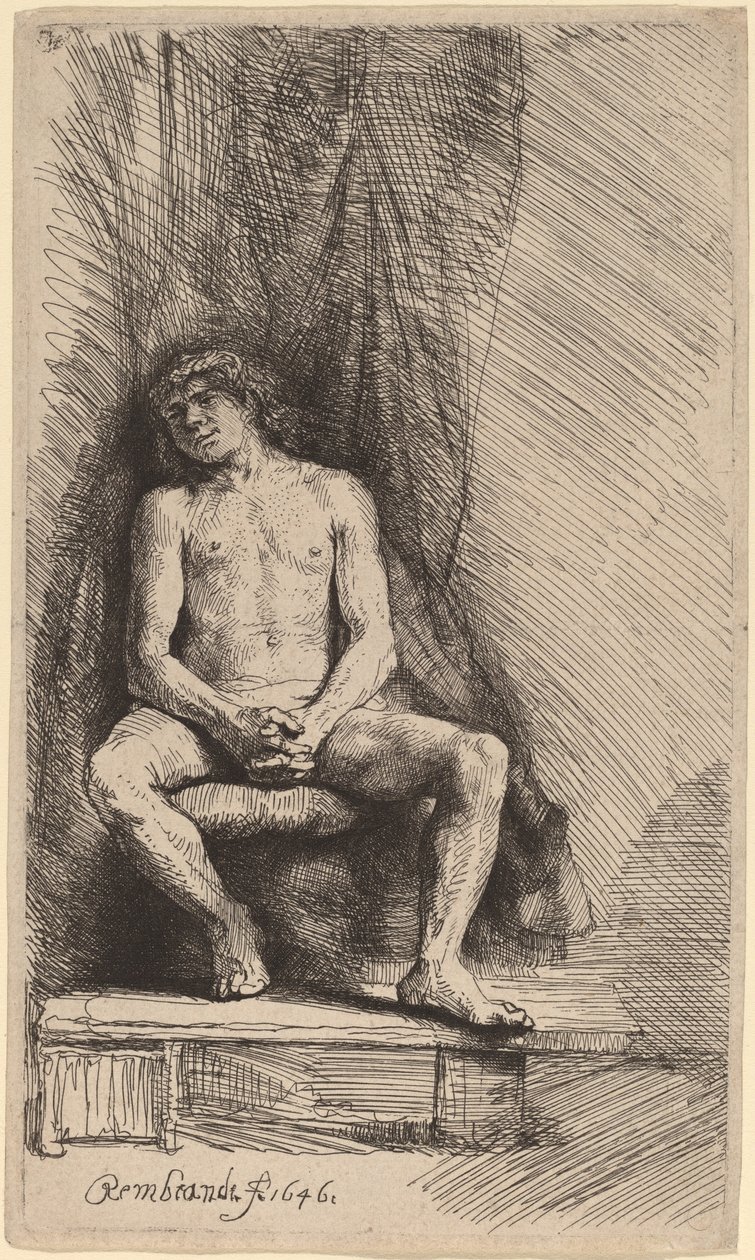 Alaston mies istuu verhon edessä tekijältä Rembrandt van Rijn