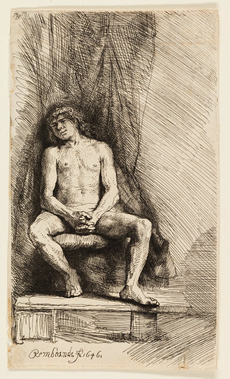 Alaston mies istuu verhon edessä tekijältä Rembrandt van Rijn