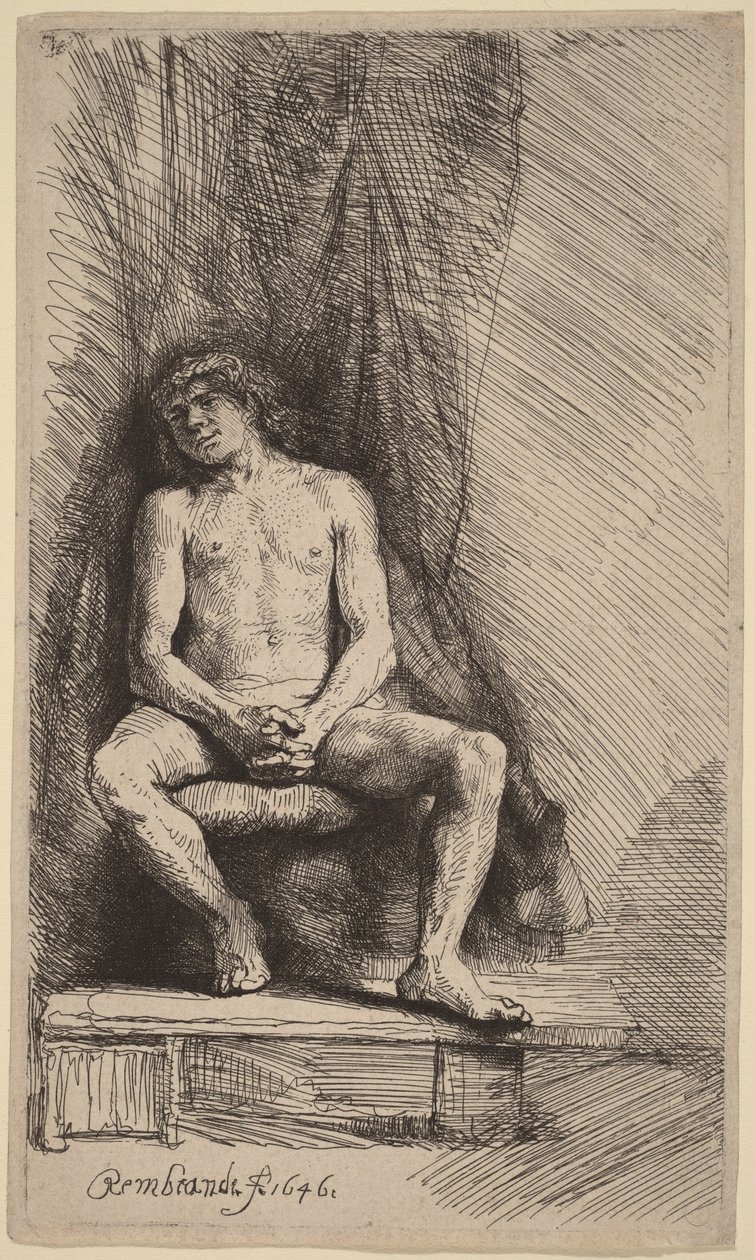 Alaston mies istuu verhon edessä tekijältä Rembrandt van Rijn