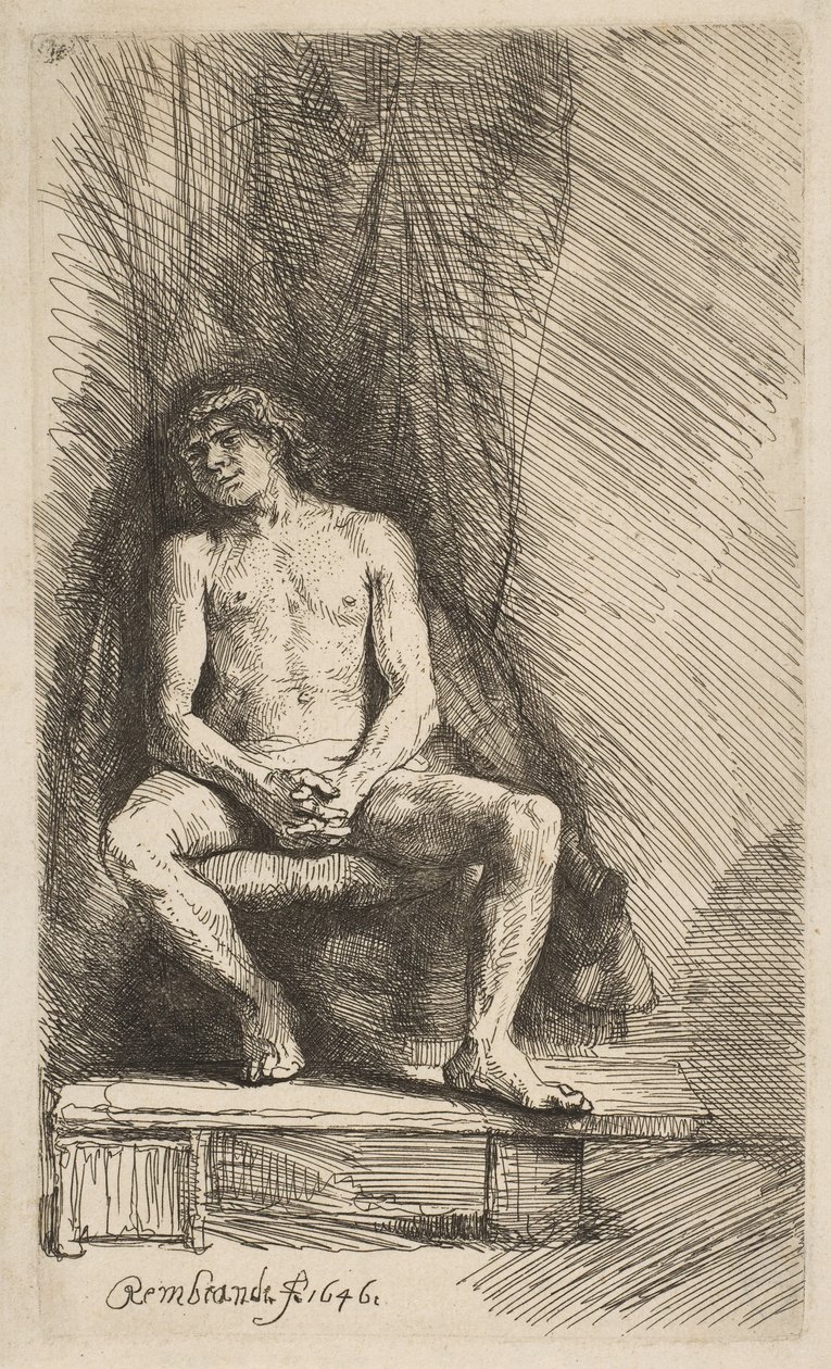 Alaston mies istuu verhon edessä, 1646. tekijältä Rembrandt van Rijn