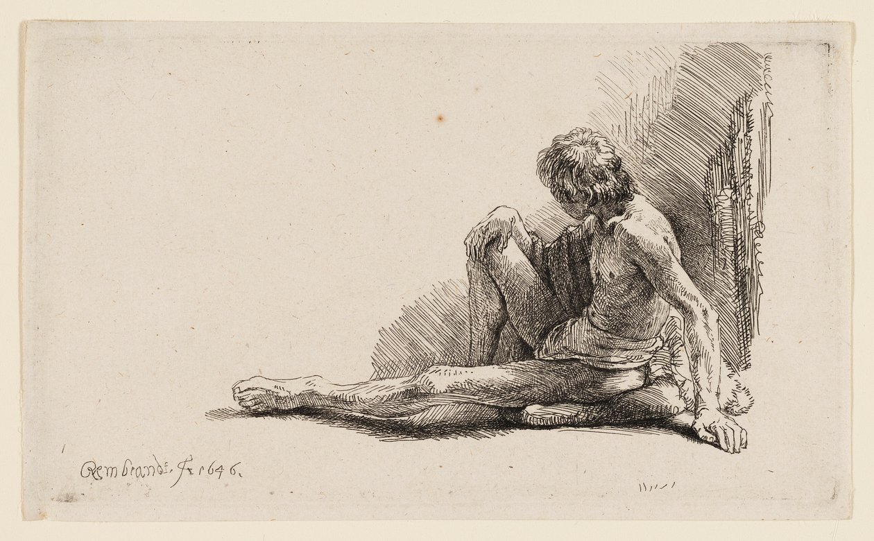 Alaston mies istuu maassa yksi jalka ojennettuna tekijältä Rembrandt van Rijn