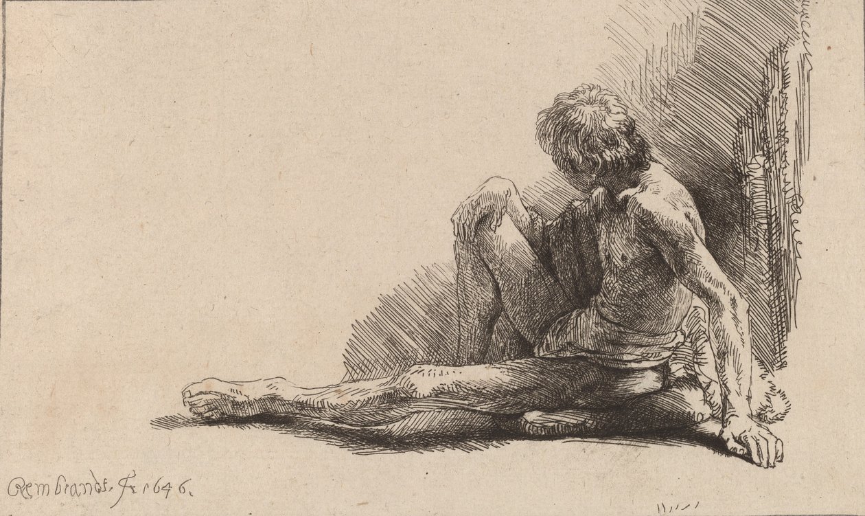 Alaston mies maassa istuva jalka ojennettuna, 1646. tekijältä Rembrandt van Rijn