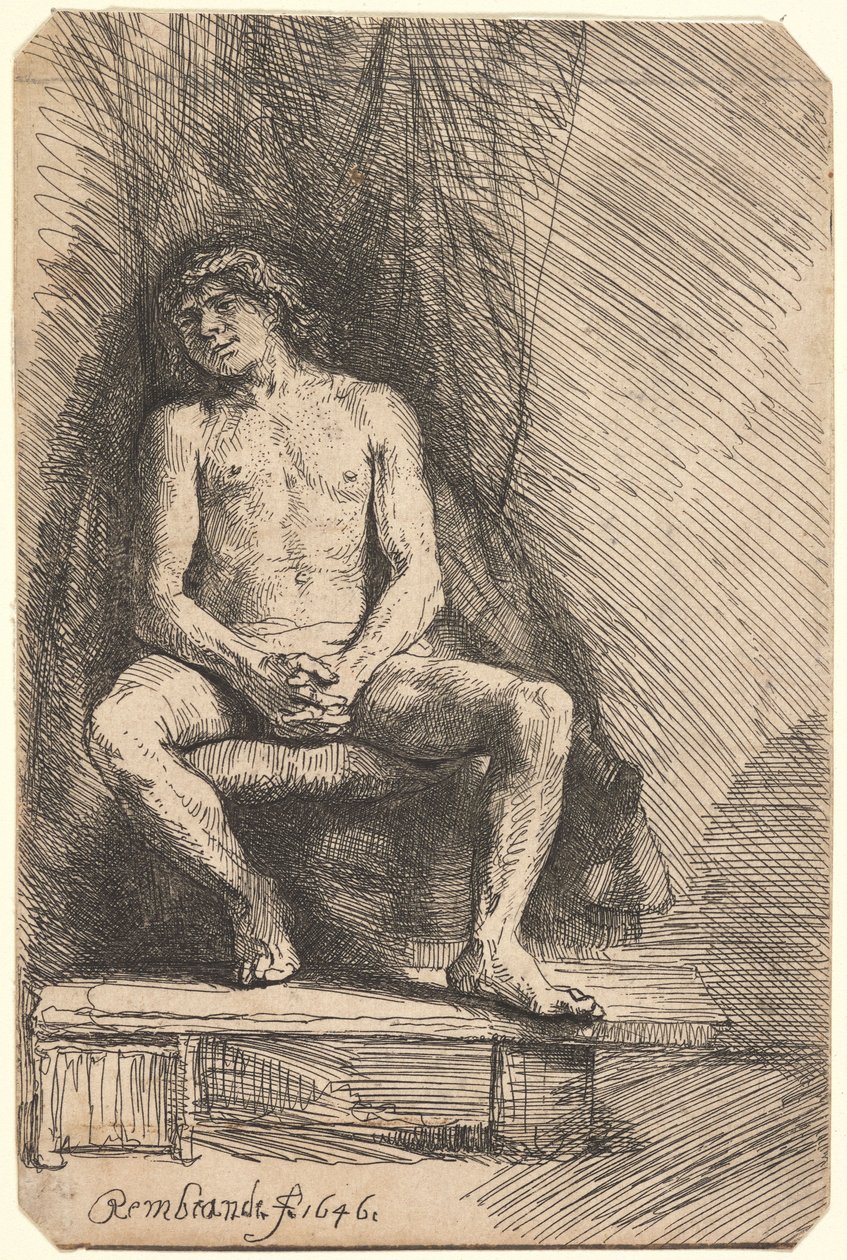 Alaston mies istuu verhon edessä (BB.46-Bi) tekijältä Rembrandt van Rijn