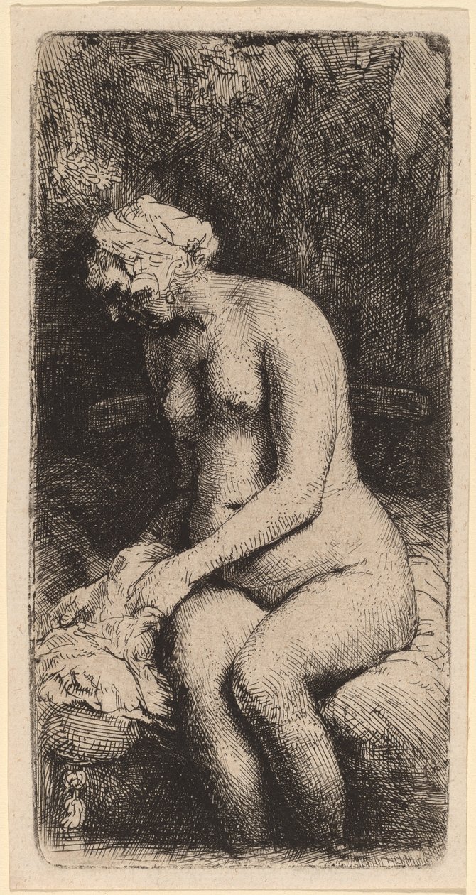 Alaston istuva penkillä tyynyn kanssa (nainen kylpemässä jalkojaan purossa) tekijältä Rembrandt van Rijn