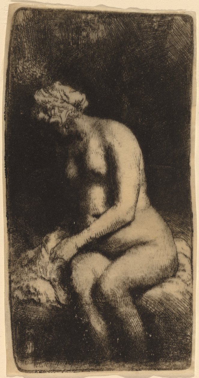 Alaston istuva penkillä tyynyn kanssa (nainen kylpemässä jalkojaan purossa) tekijältä Rembrandt van Rijn