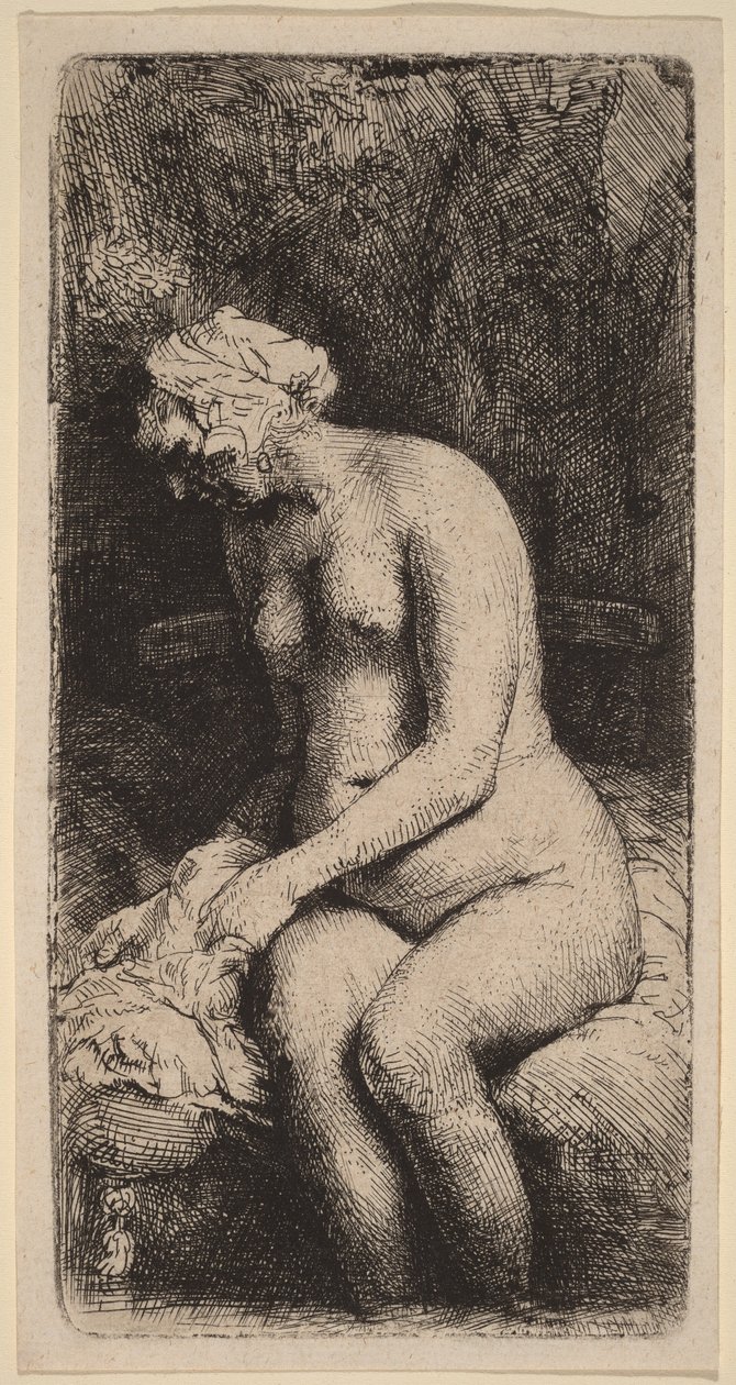 Alaston nainen istuu penkillä tyynyn kanssa (nainen pesee jalkojaan purossa) tekijältä Rembrandt van Rijn