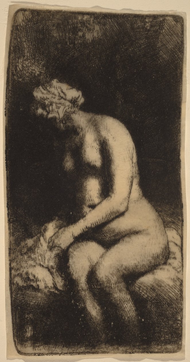 Alaston nainen istuu penkillä tyynyn kanssa (nainen pesee jalkojaan purossa) tekijältä Rembrandt van Rijn