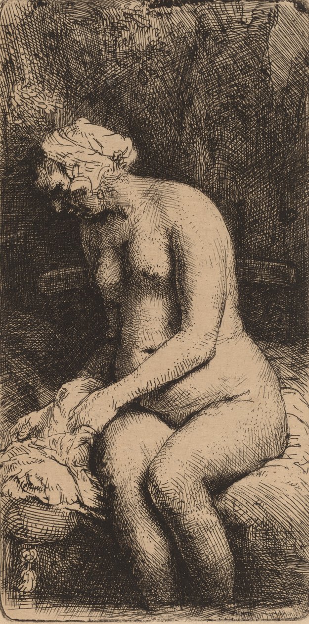 Alaston istuu penkillä ja tyynynainen uimassa jalkojaan purossa, 1658. tekijältä Rembrandt van Rijn