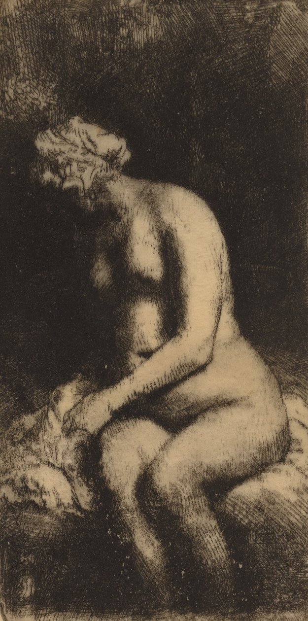 Alaston istuu penkillä ja tyynynainen uimassa jalkojaan purossa, 1658. tekijältä Rembrandt van Rijn