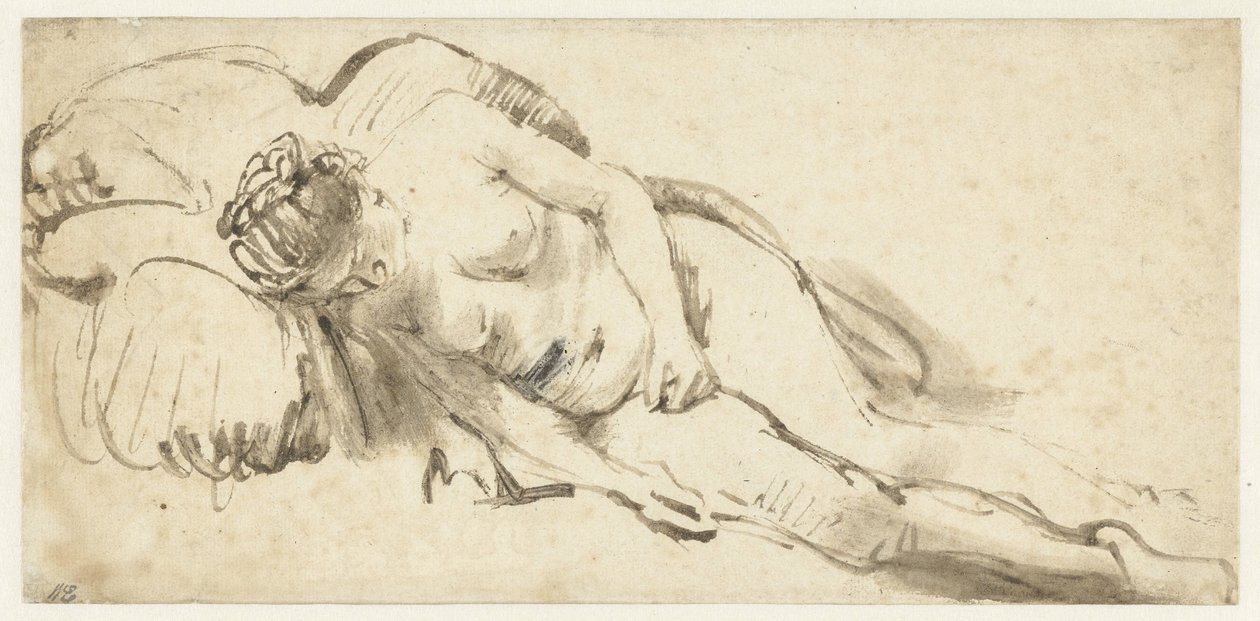 Alaston nainen makaa tyynyllä tekijältä Rembrandt van Rijn