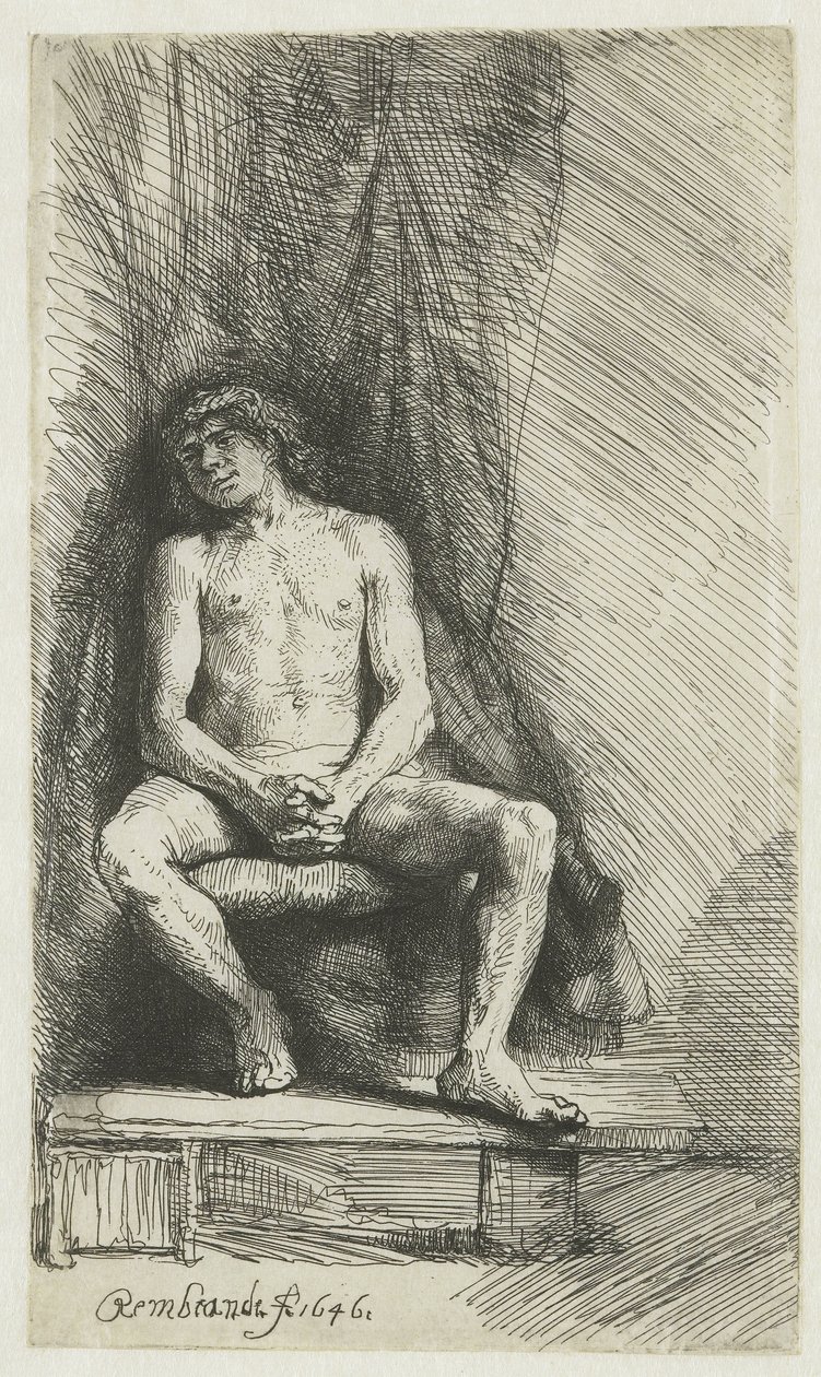Alaston nuori mies, istuu verhon edessä Alaston mies istuu verhon edessä tekijältä Rembrandt van Rijn