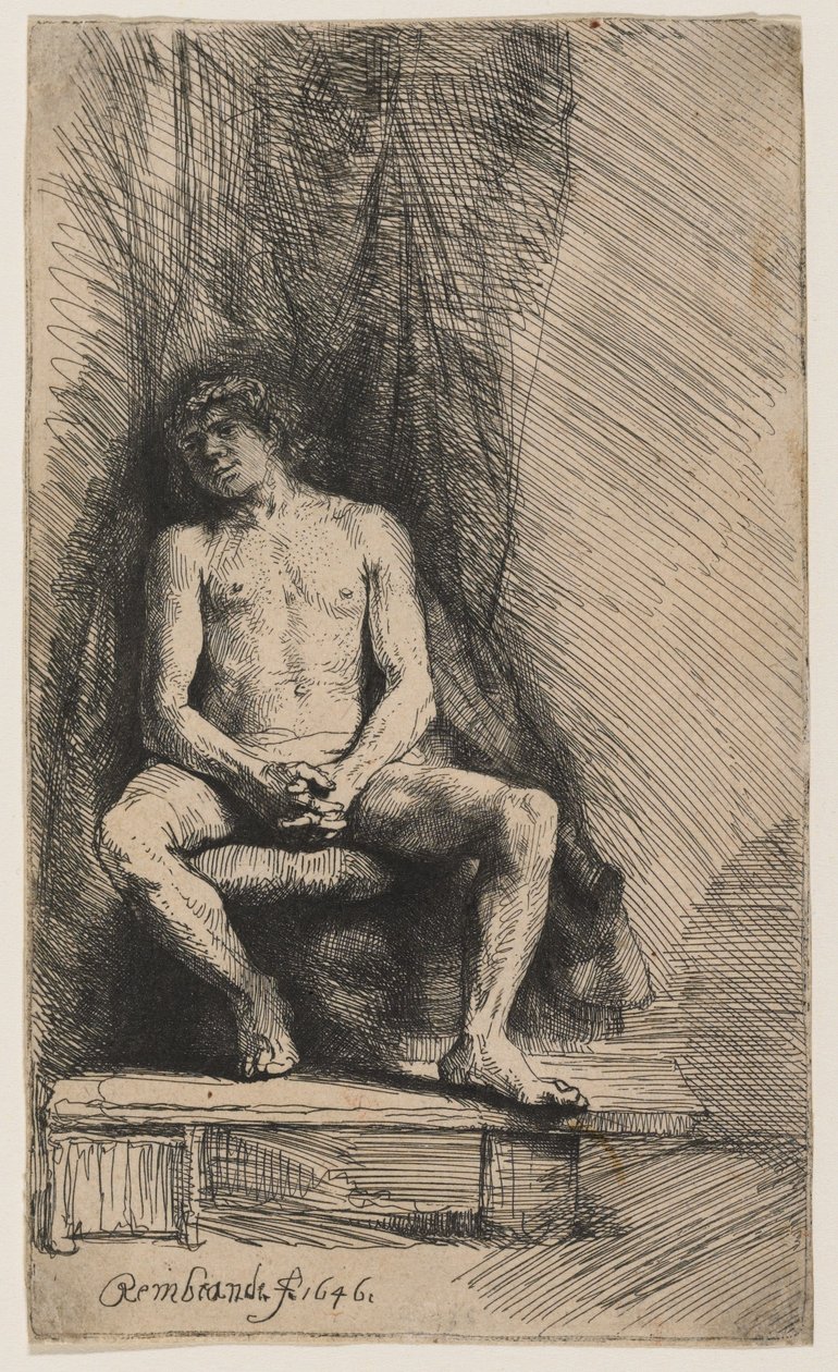 Alaston nuori istuu verhon edessä tekijältä Rembrandt van Rijn
