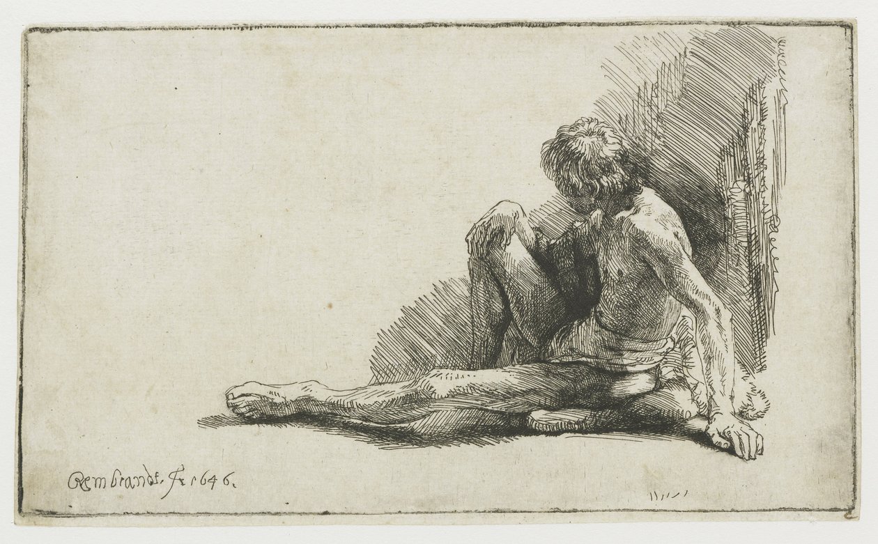 Alaston mies istuu maassa toinen jalka ojennettuna tekijältä Rembrandt van Rijn
