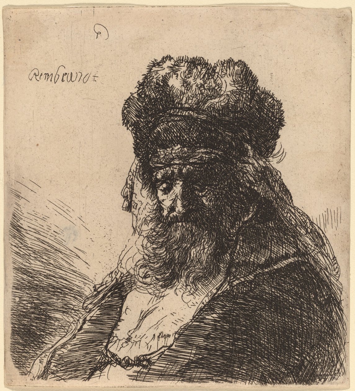 Vanha parrakas mies korkeassa turkislakissa, silmät kiinni tekijältä Rembrandt van Rijn