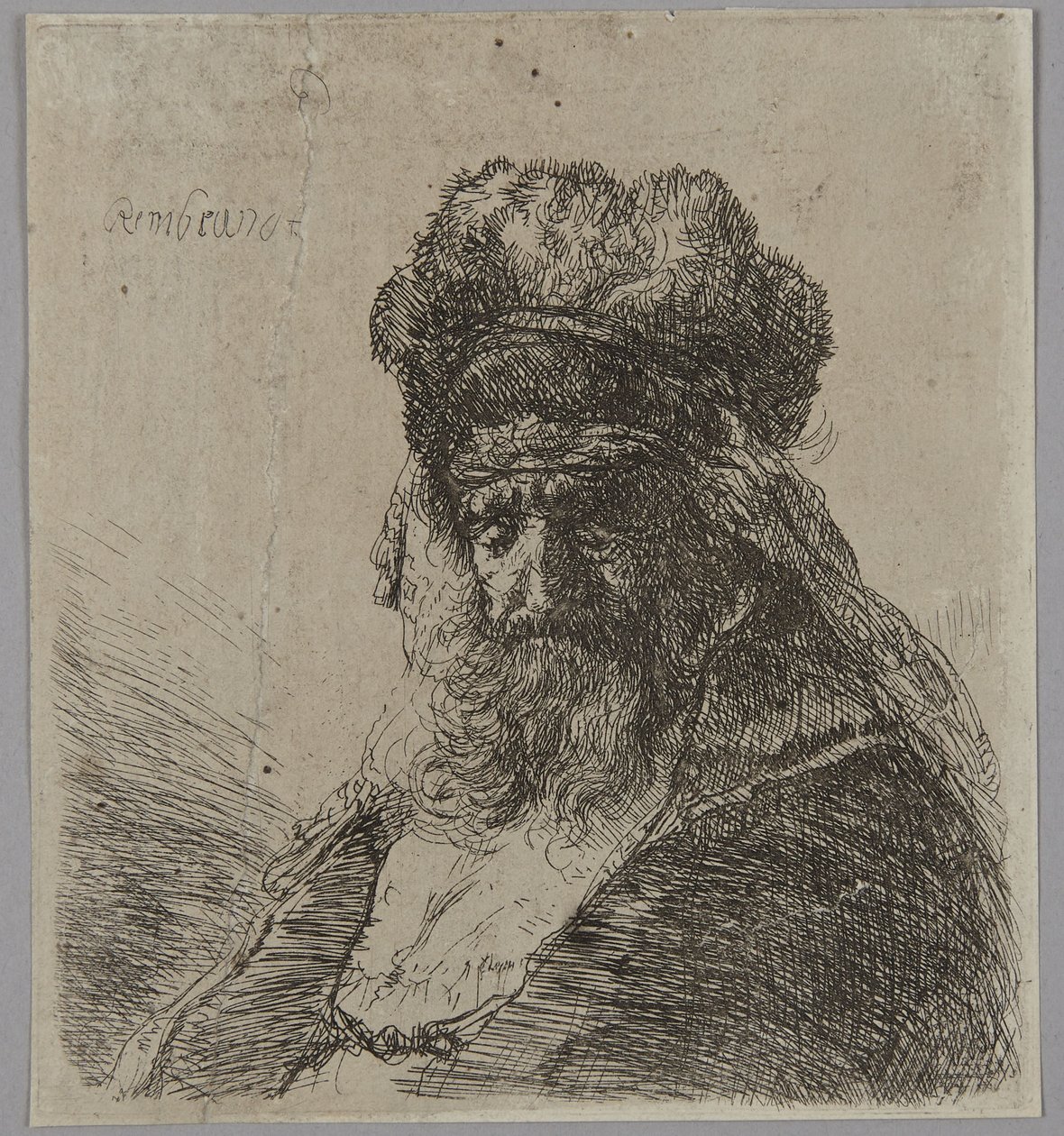 Vanha parrakas mies, jolla on korkea turkislakki ja silmät kiinni tekijältä Rembrandt van Rijn