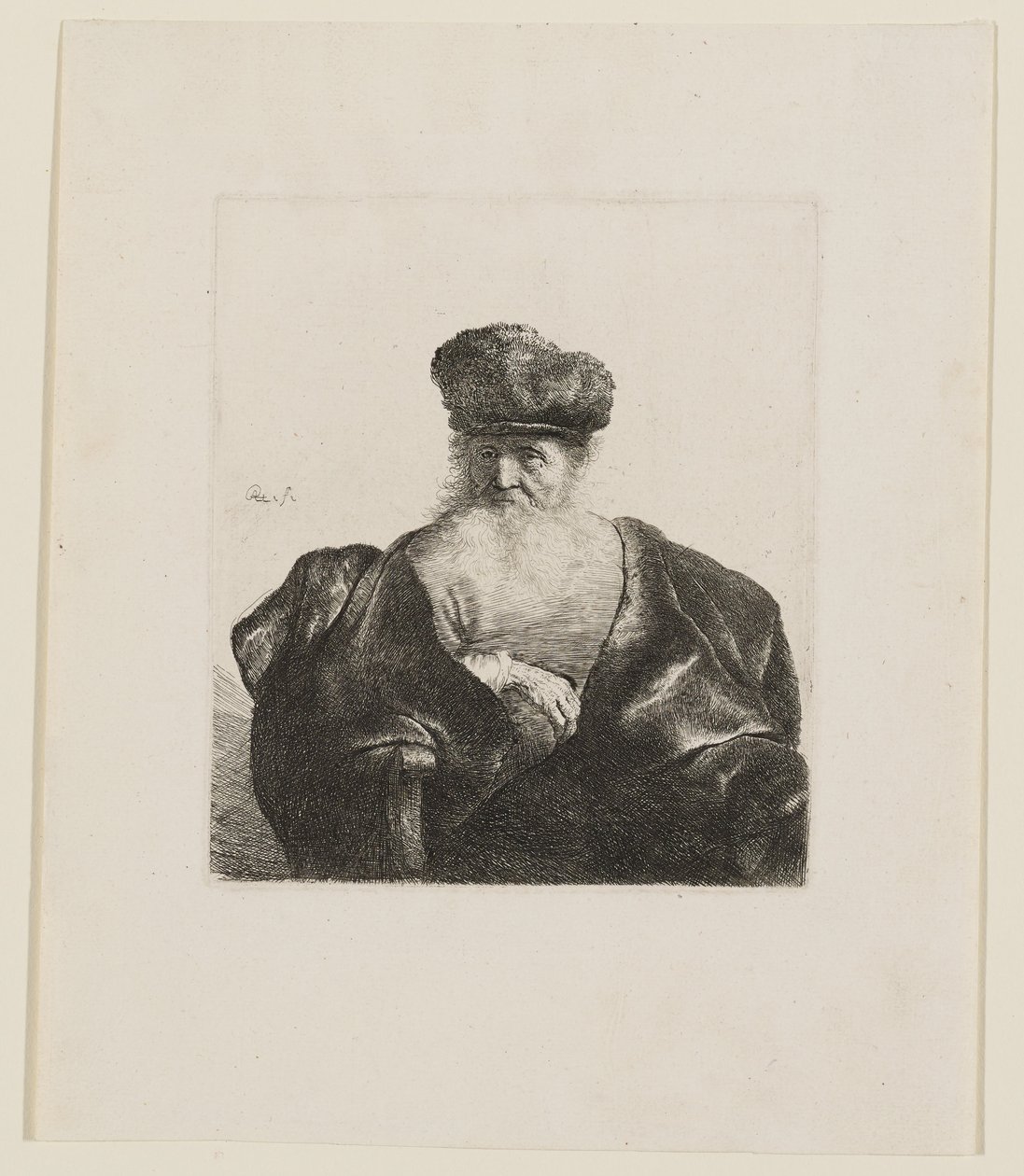 Istuva vanha mies, jolla on tuuhea parta, turkislakki ja samettimantteli tekijältä Rembrandt van Rijn