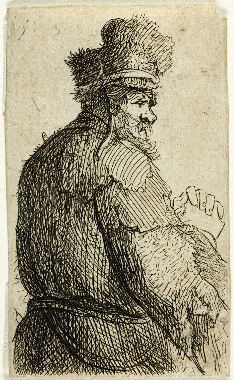 Vanha mies takaa nähtynä, profiili oikealla: puolihahmo tekijältä Rembrandt van Rijn