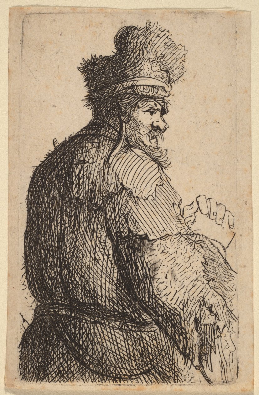 Vanha mies takaa katsottuna, profiili oikealle tekijältä Rembrandt van Rijn