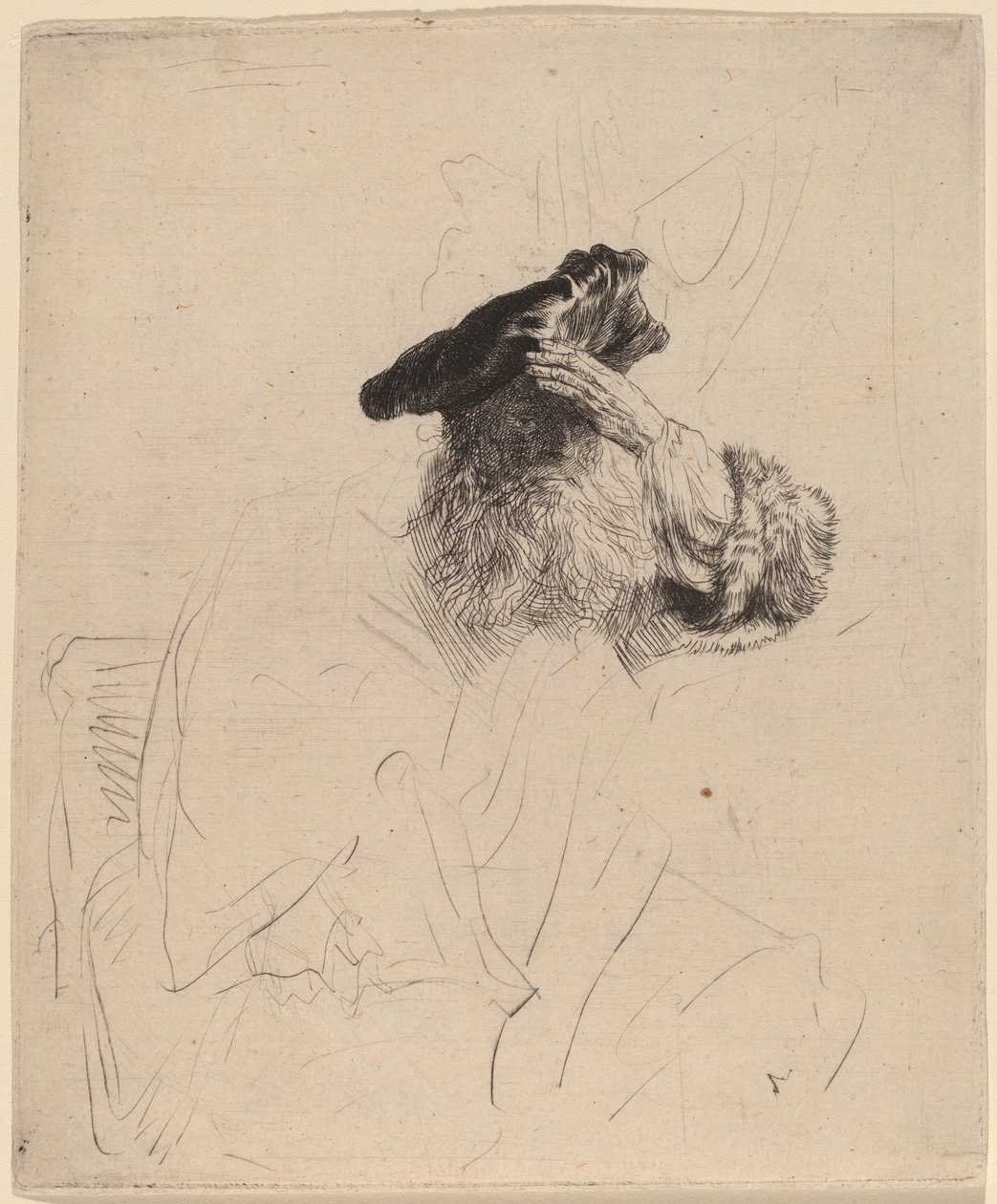 Vanha mies varjostaa silmänsä kädellä tekijältä Rembrandt van Rijn