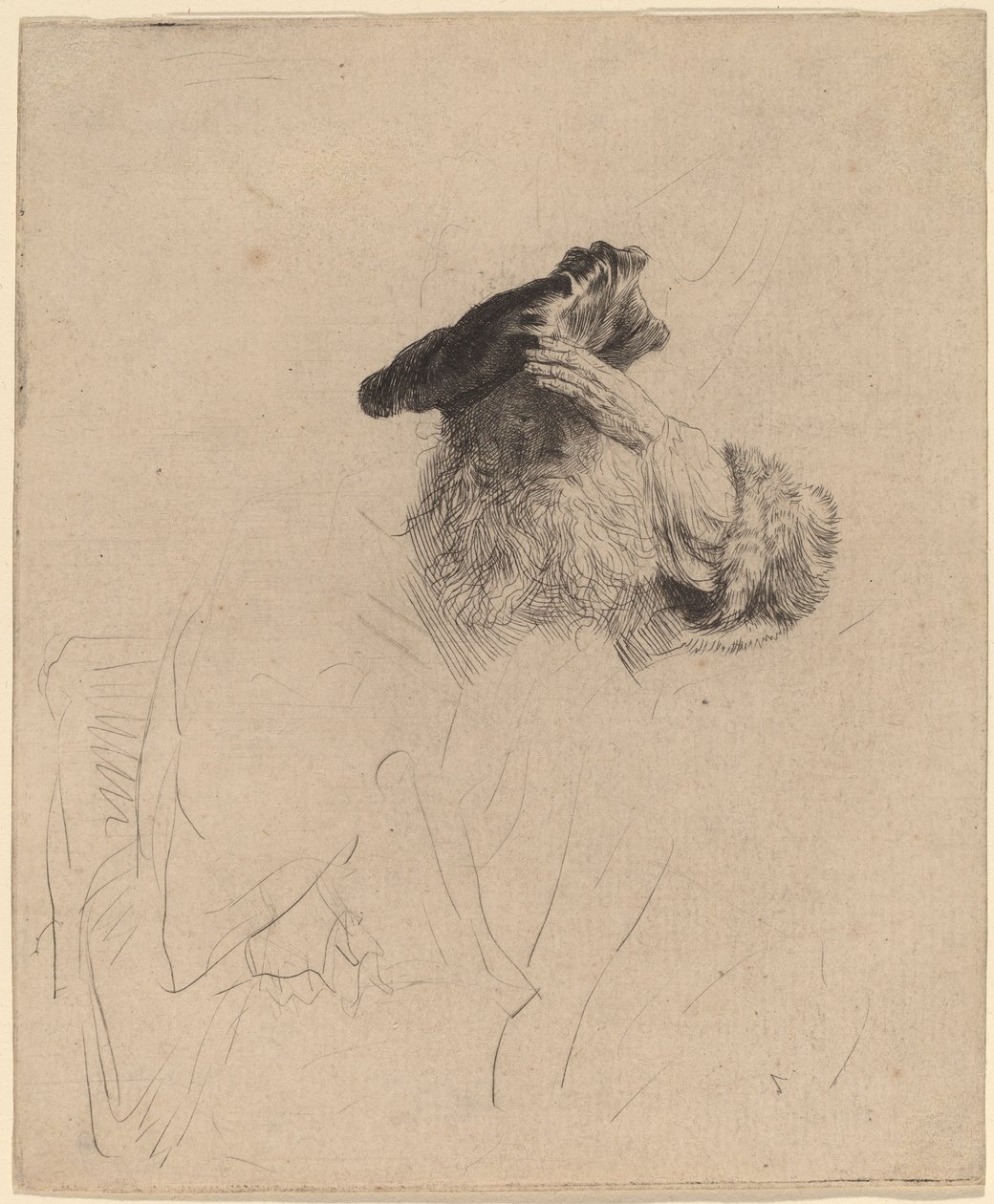 Vanha mies varjostaa silmänsä kädellä tekijältä Rembrandt van Rijn