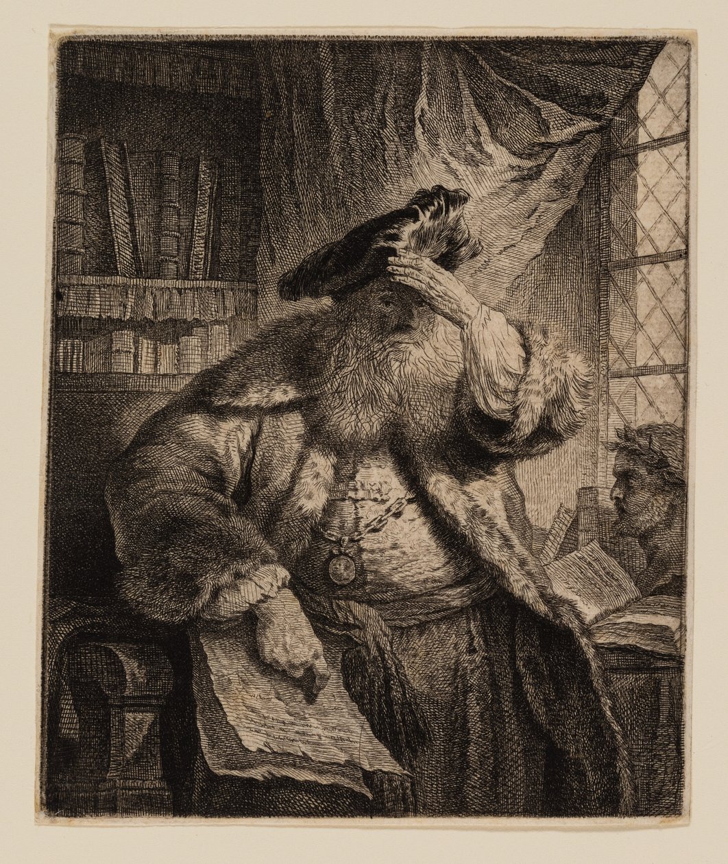 Vanha mies varjostaa silmänsä kädellä tekijältä Rembrandt van Rijn
