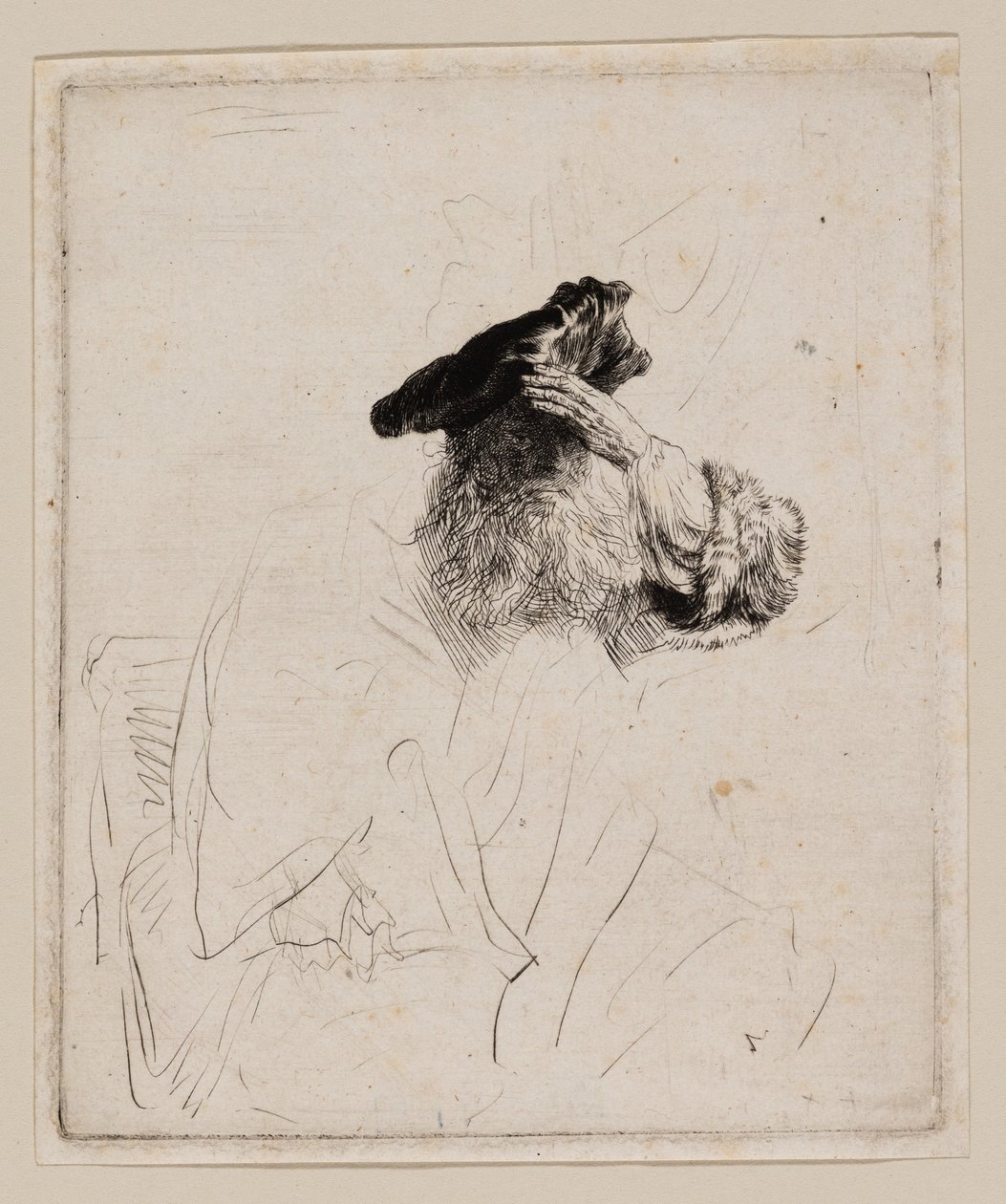 Vanha mies varjostaa silmänsä kädellä tekijältä Rembrandt van Rijn