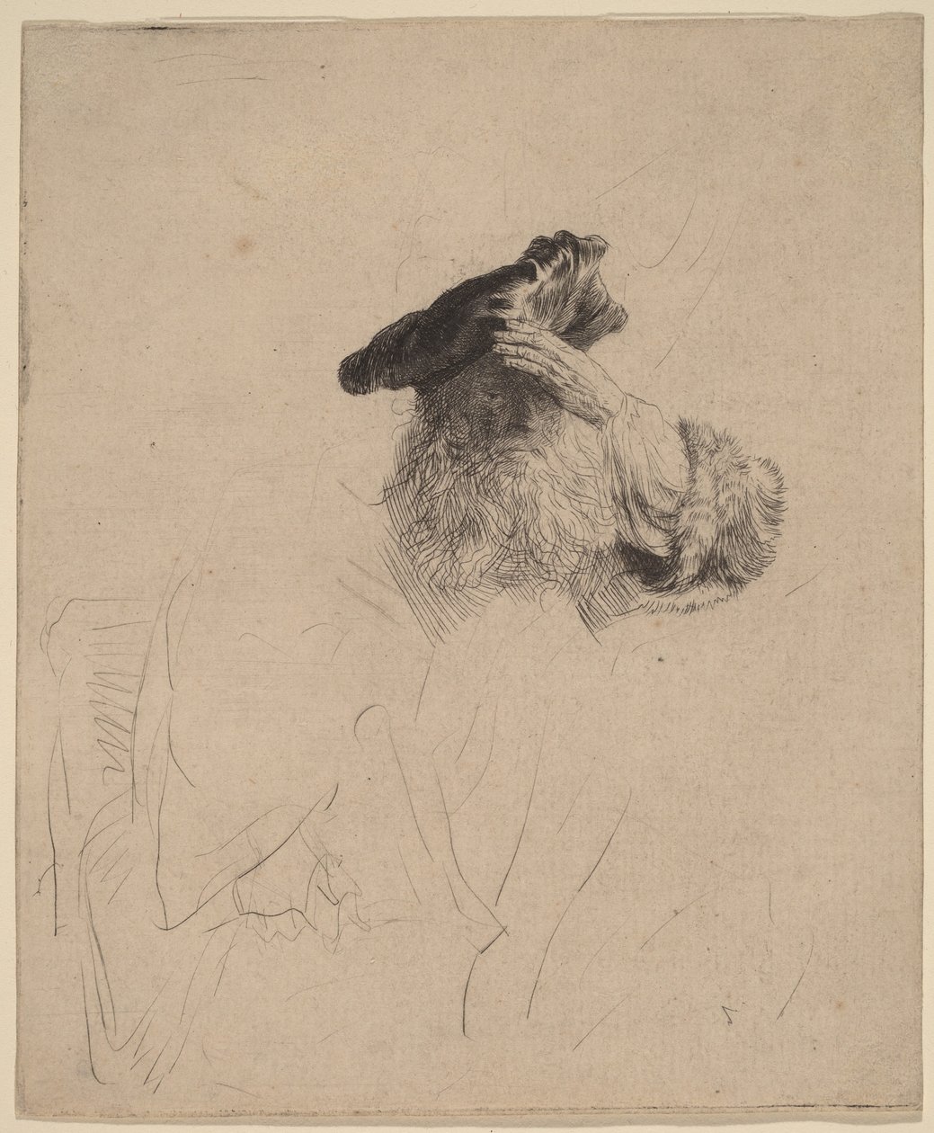 Vanha mies, joka suojaa silmiään kädellään tekijältä Rembrandt van Rijn