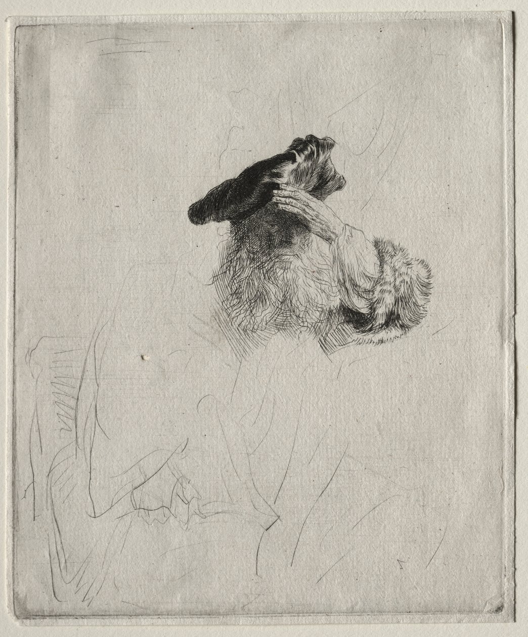 Vanha mies varjostaa silmiään kädellä tekijältä Rembrandt van Rijn