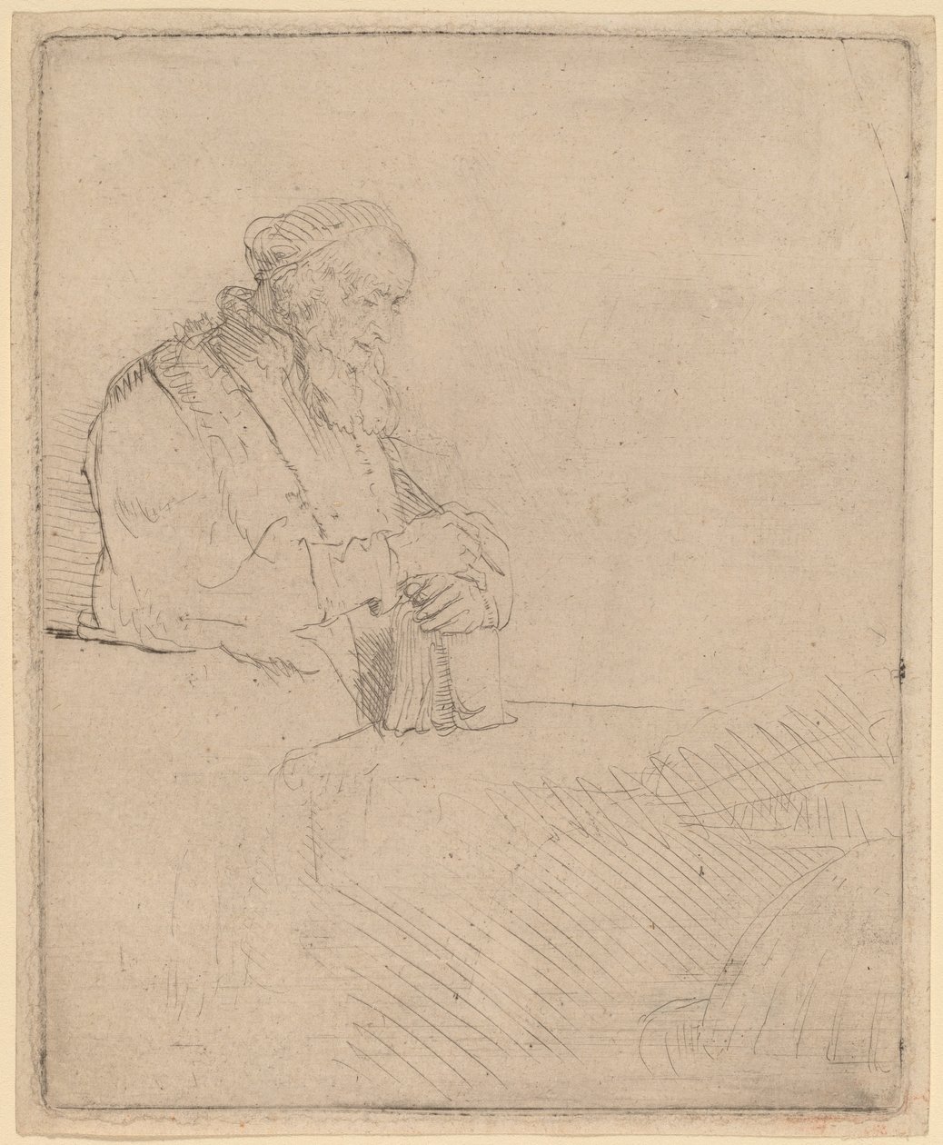 Vanha mies meditaatiossa, nojaten kirjaan tekijältä Rembrandt van Rijn