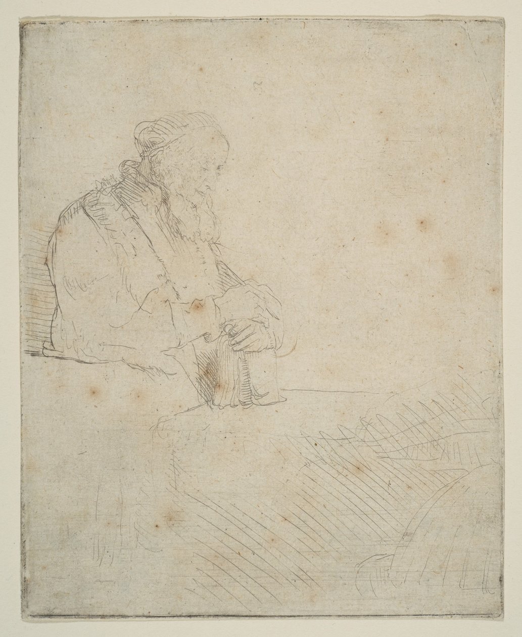 Vanha mies meditaatiossa, kirjaan nojaten, n. 1645. tekijältä Rembrandt van Rijn
