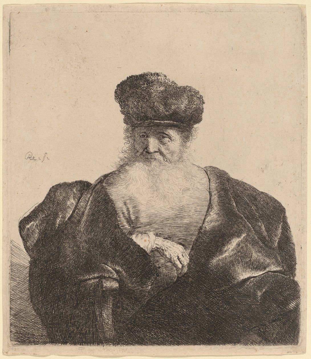 Vanha mies, jolla on parta, turkislakka ja samettiviitta tekijältä Rembrandt van Rijn