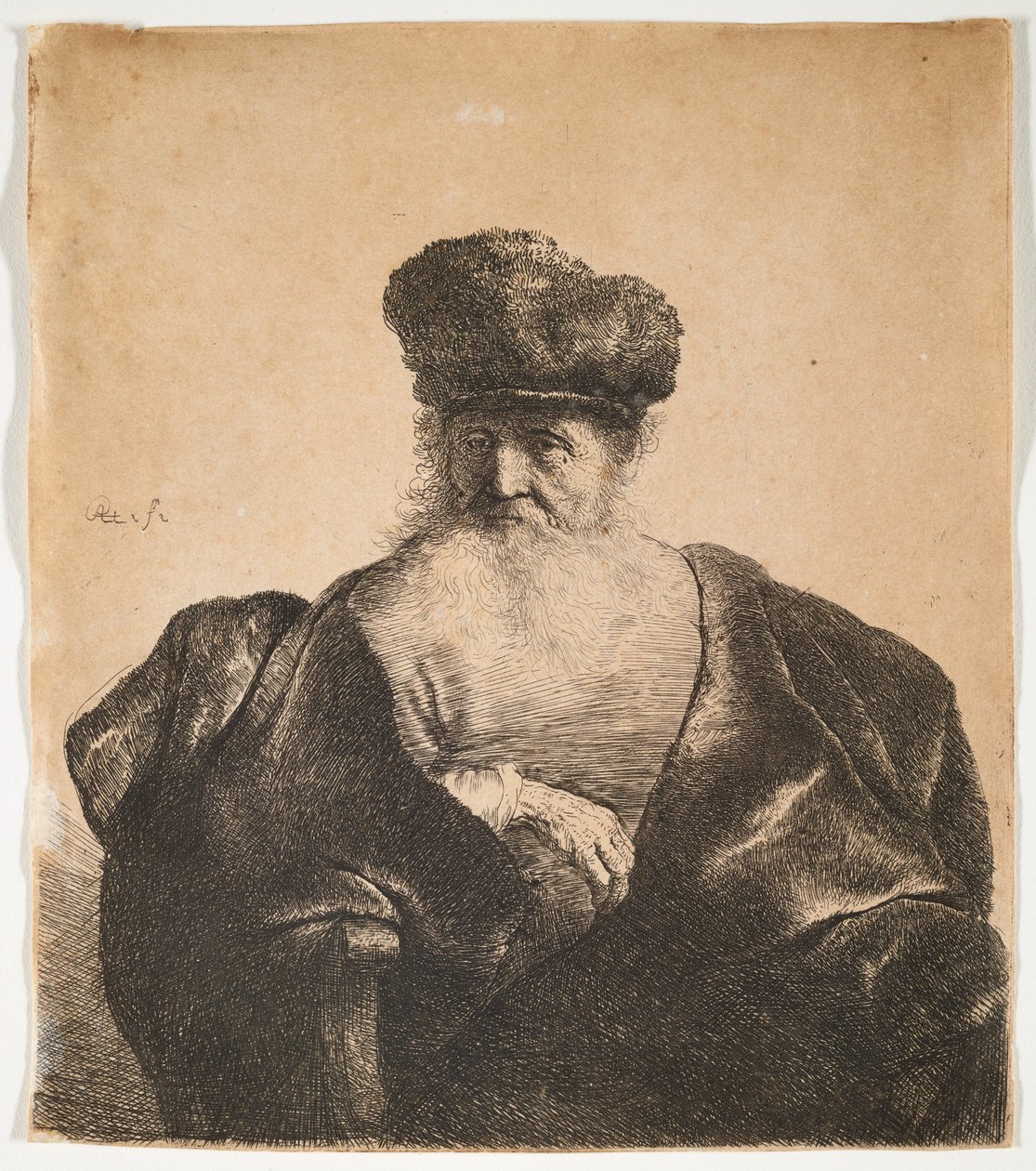 Partainen vanha mies, jolla on turkislakki ja samettimantteli tekijältä Rembrandt van Rijn