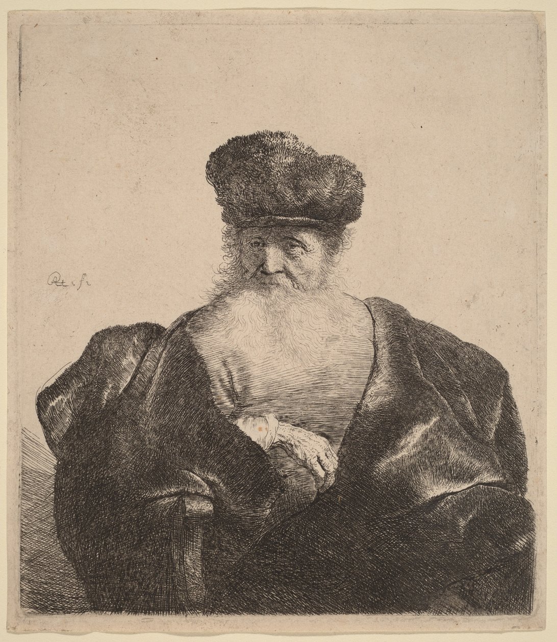 Vanha mies, jolla on parta, turkislakki ja samettimantteli tekijältä Rembrandt van Rijn