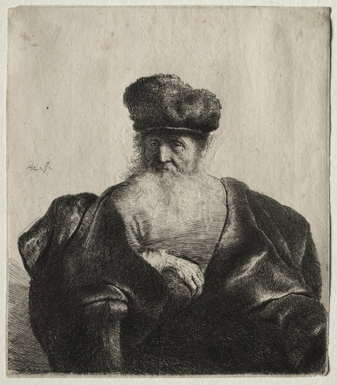 Vanha mies, jolla on parta, turkislakka ja samettiviitta, n. 1632. tekijältä Rembrandt van Rijn
