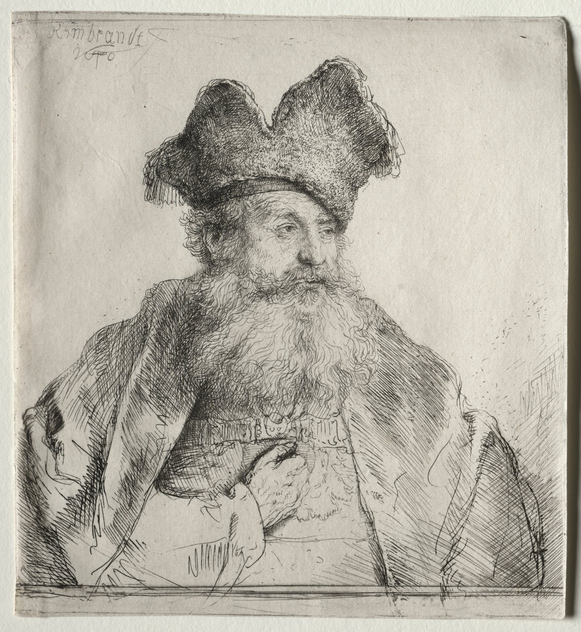 Vanha mies, jolla on jaettu turkislakka tekijältä Rembrandt van Rijn