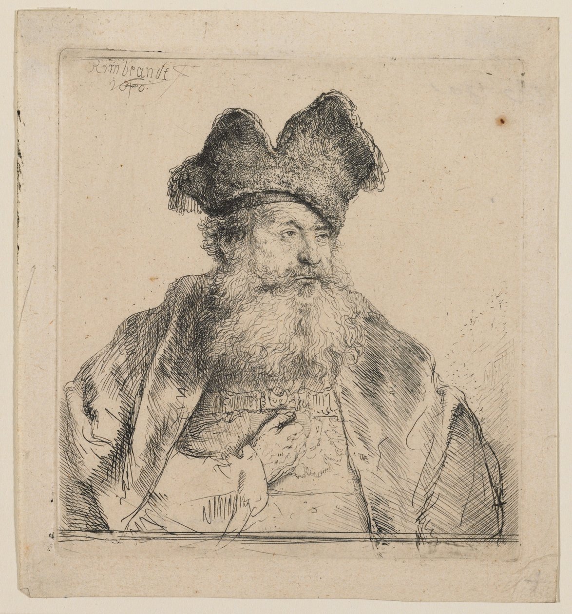 Vanha mies, jolla on kaksiosainen turkislakki tekijältä Rembrandt van Rijn