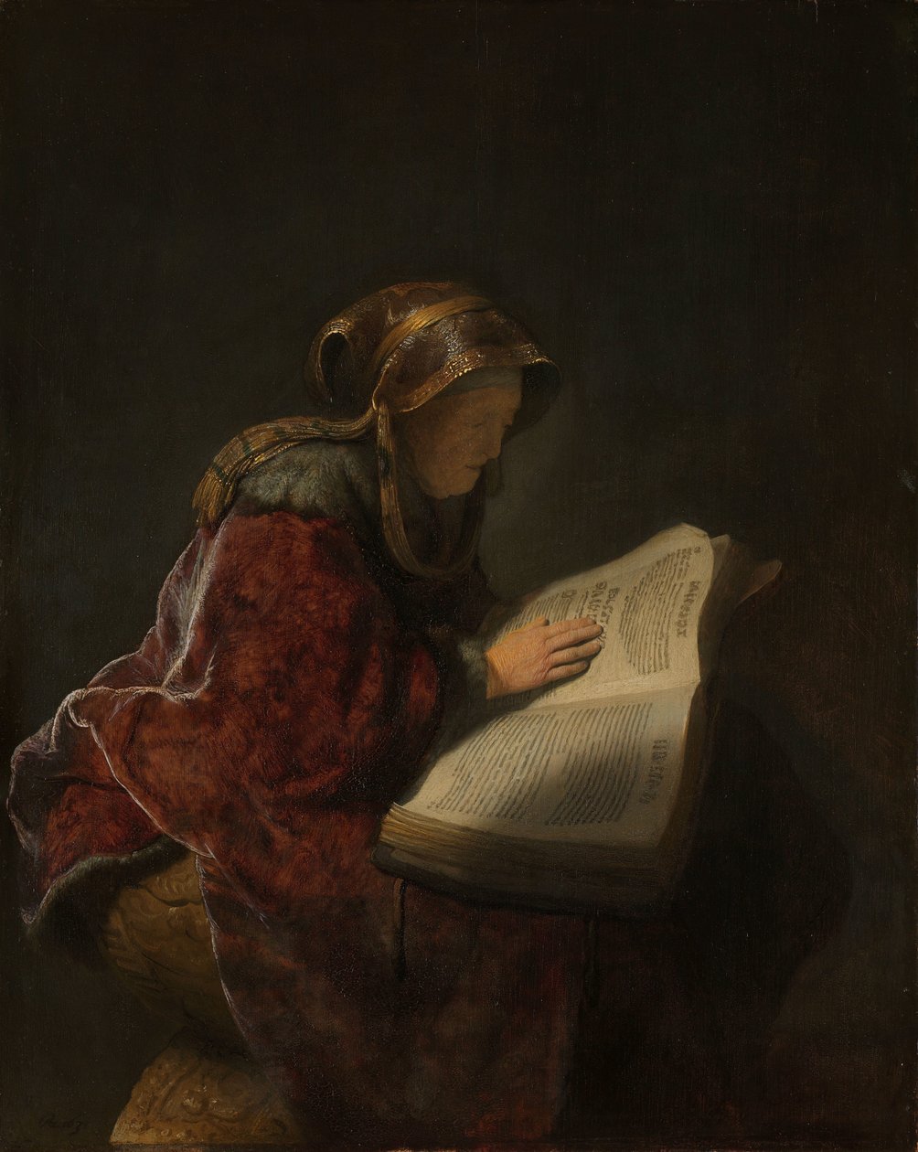 Vanha nainen lukee, luultavasti profeetta Anna Vanha nainen lukemassa, luultavasti profeetta Hanna tekijältä Rembrandt van Rijn