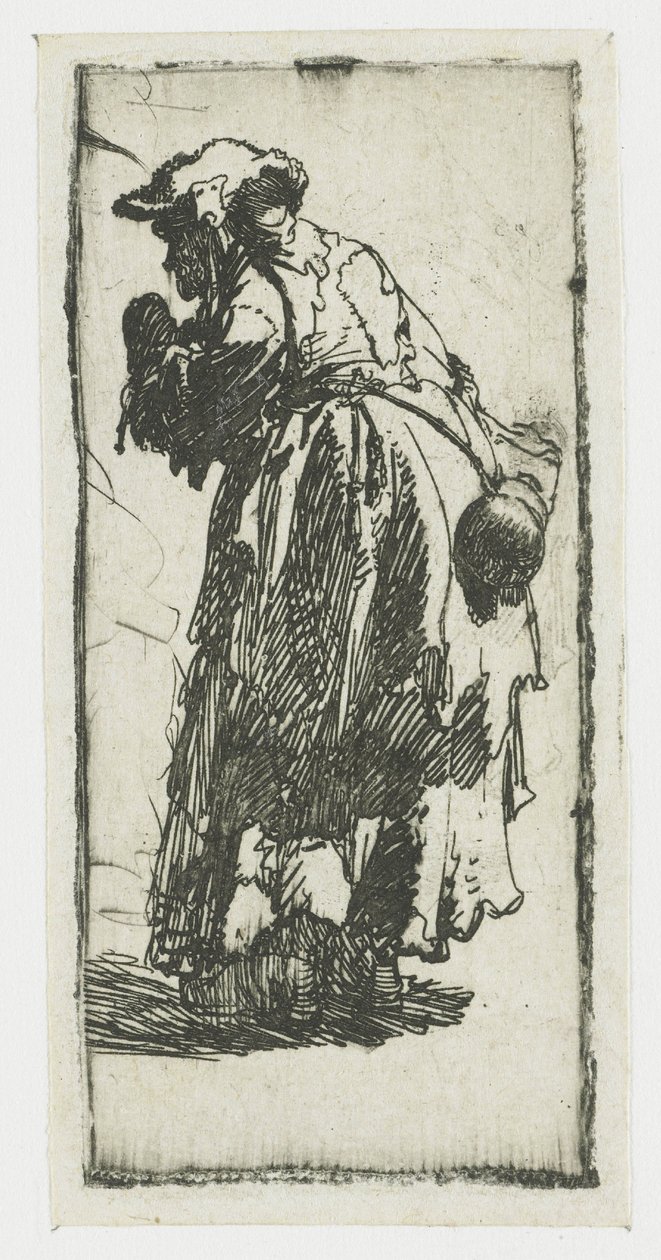 Vanha kerjäläisnainen, jolla on kurpitsa tekijältä Rembrandt van Rijn