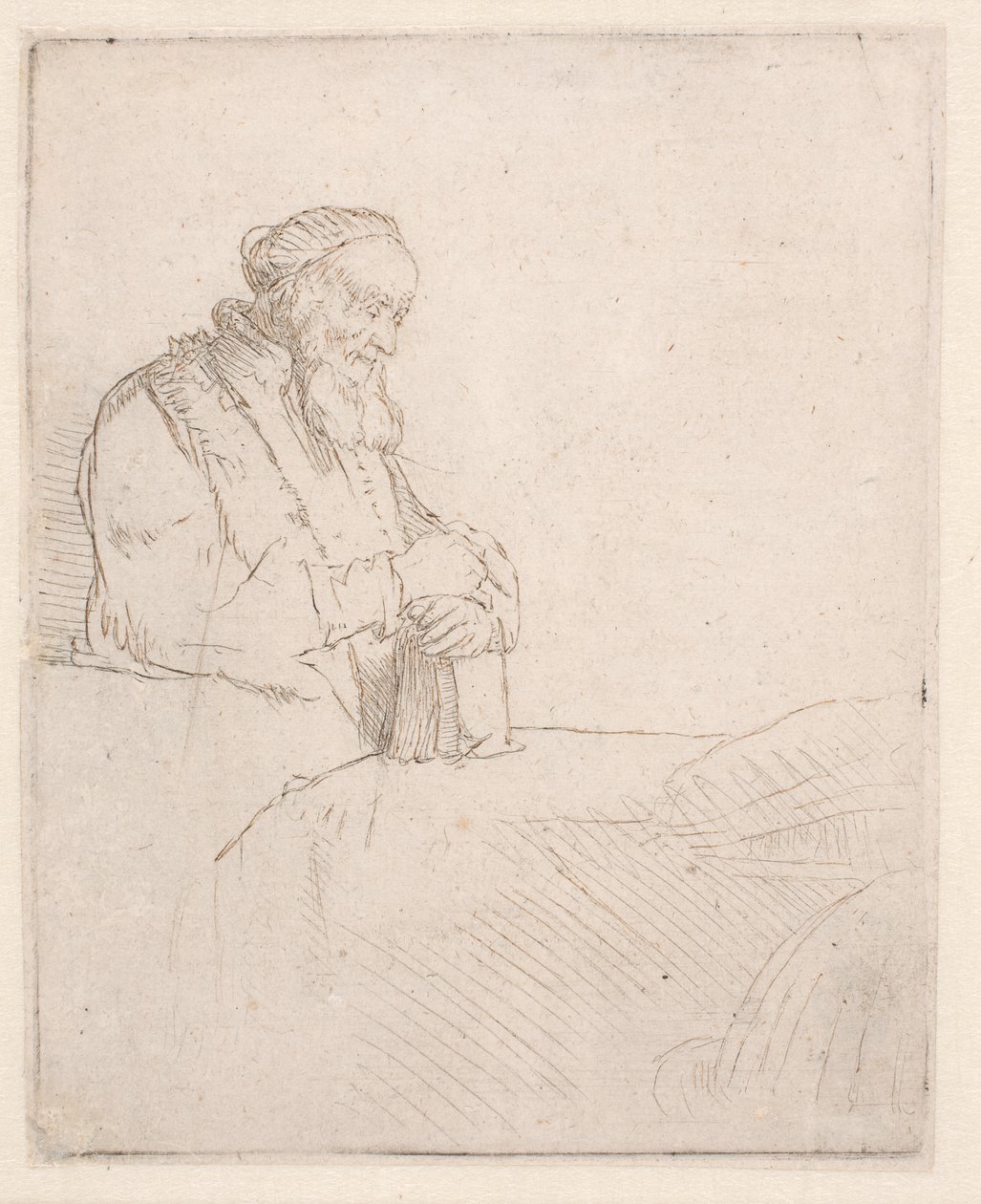 Meditoiva vanha mies, joka nojaa kirjaan tekijältä Rembrandt van Rijn