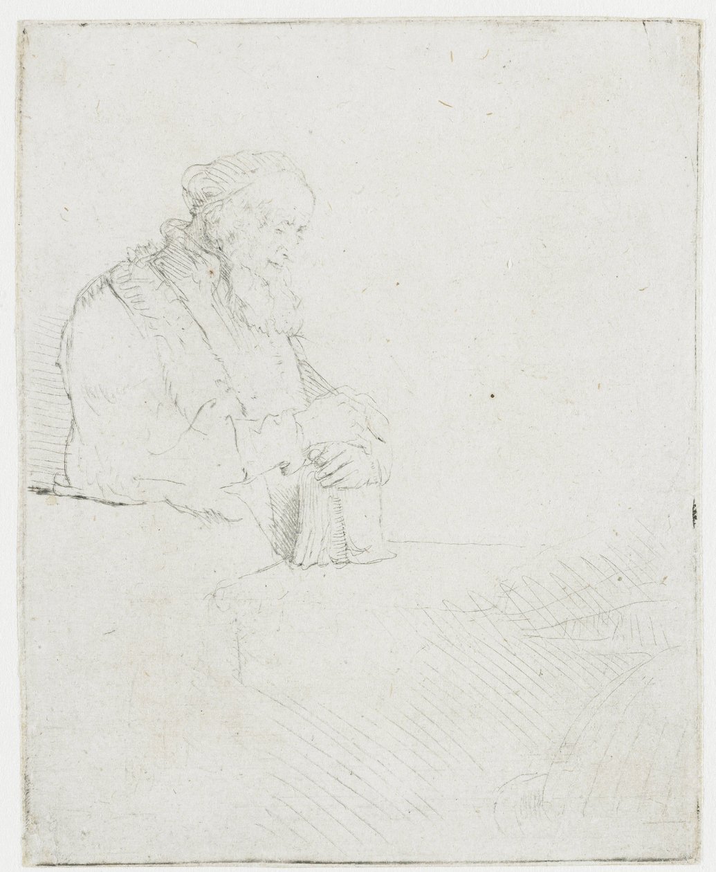 Meditoiva vanha mies, joka nojaa kirjaan tekijältä Rembrandt van Rijn