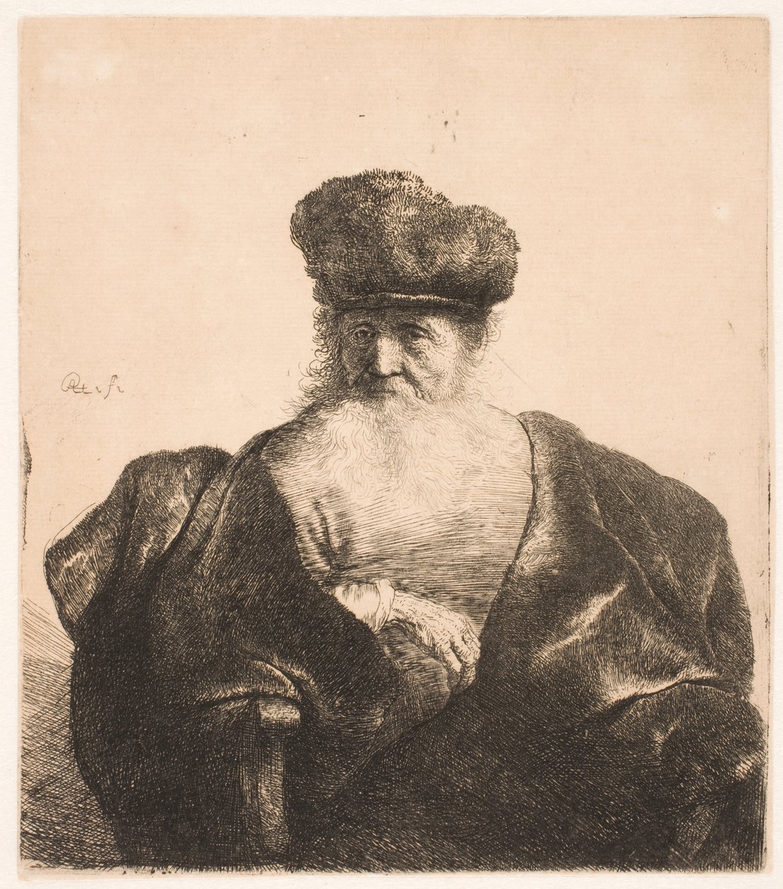 Istuva vanha mies, jolla on tuuhea parta, turkislakki ja samettimantteli tekijältä Rembrandt van Rijn