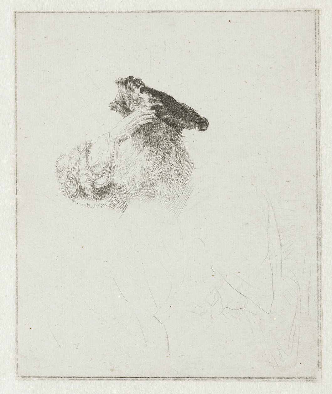 Vanha mies, joka suojaa silmiään kädellään tekijältä Rembrandt van Rijn