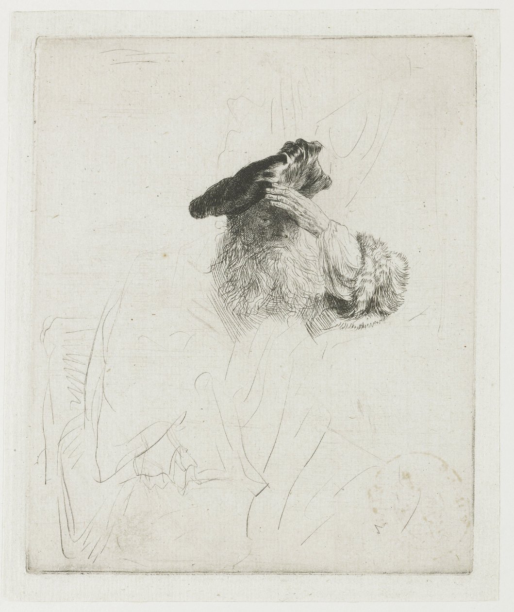 Vanha mies, joka suojaa silmiään kädellään tekijältä Rembrandt van Rijn