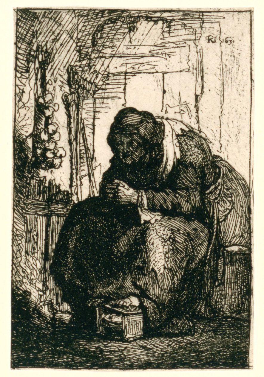 Vanha nainen istuu mökissä, ja seinällä roikkuu sipuliketju tekijältä Rembrandt van Rijn