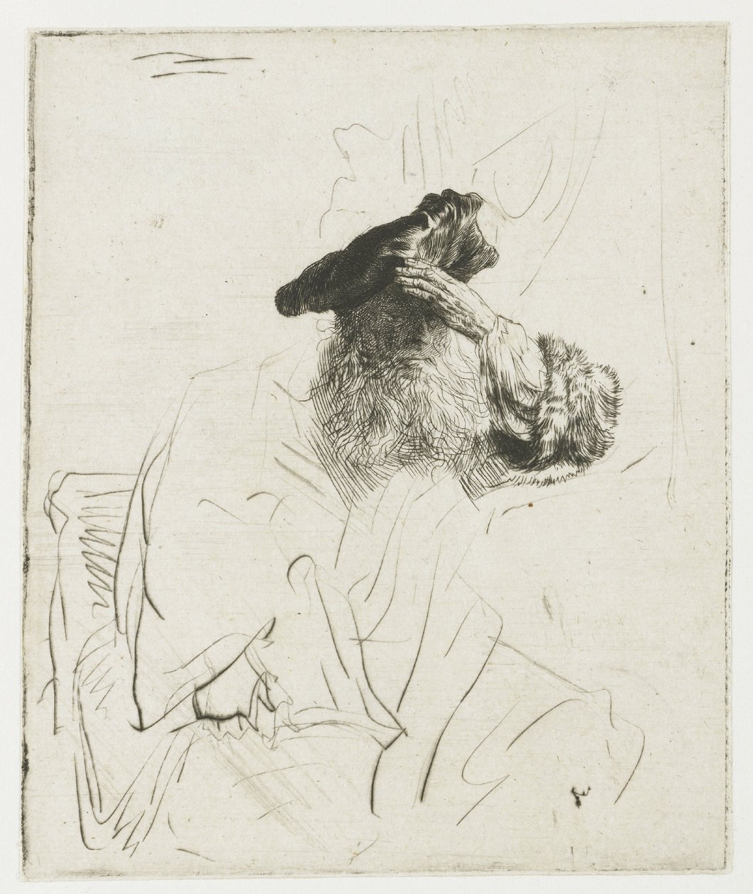 Vanha mies, joka varjostaa silmiään kädellään tekijältä Rembrandt van Rijn