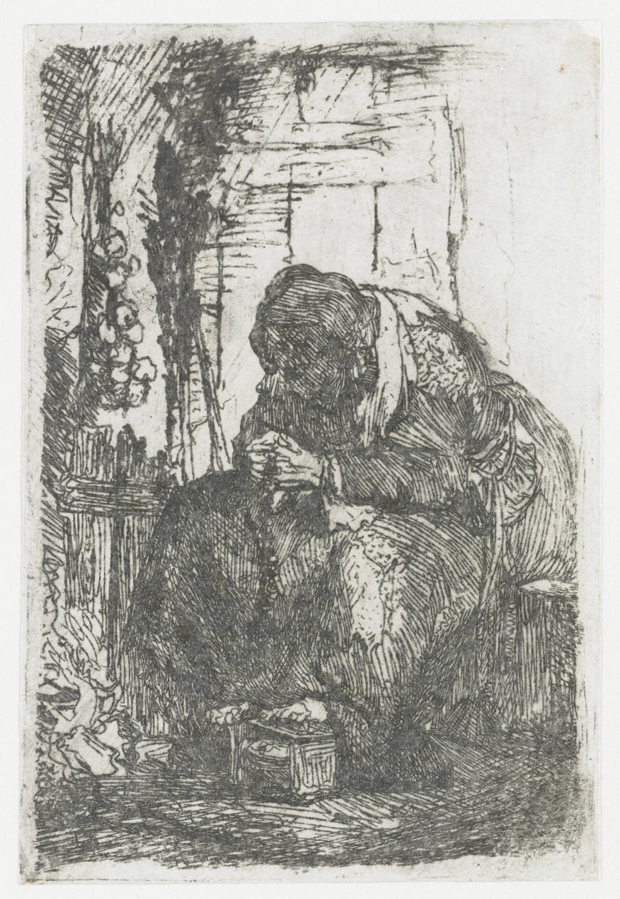 Vanha nainen sipulien kanssa, istumassa mökissä tekijältä Rembrandt van Rijn