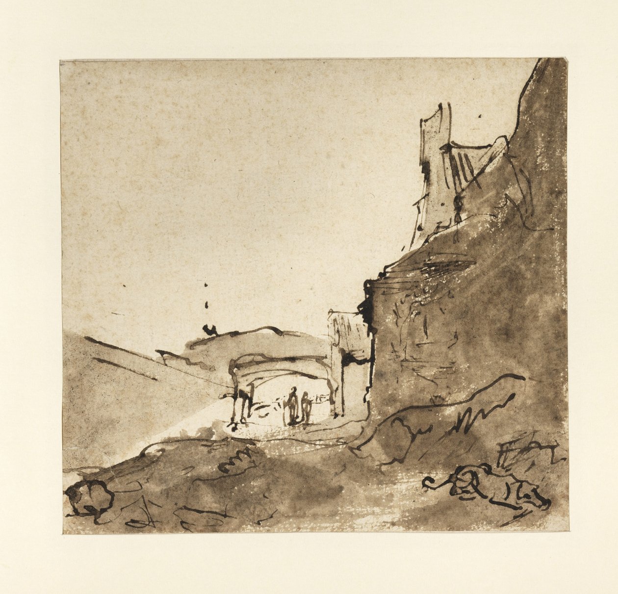 Kaupungin reuna, jossa on muuri ja oviaukko, n.1627-28 (tussi ja pesu paperille). tekijältä Rembrandt van Rijn