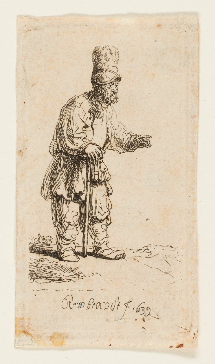 Talonpoika korkealakissa, seisomassa kepillä nojaten tekijältä Rembrandt van Rijn